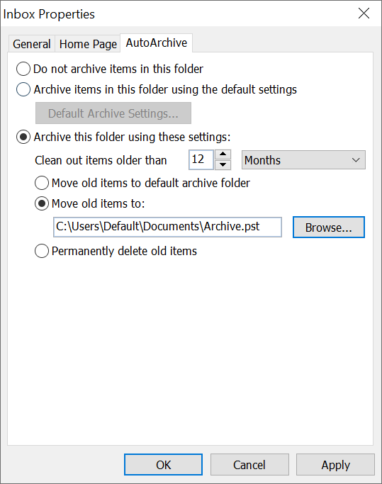 Outlook Auto Archive Window